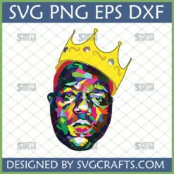 Vibrant geometric mosaic portrait of The Notorious B.I.G. wearing an iconic crown, presented as a Notorious BIG Crown SVG file for crafts.
