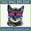 A black cat wearing sunglasses with bisexual pride flag lenses (pink, purple, blue stripes) in an SVG PNG EPS DXF format for crafting.