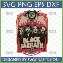 Vintage Black Sabbath band members SVG design with logo, bats, and flames for Cricut and sublimation.