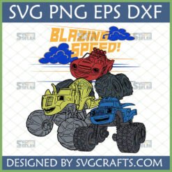 Blazing Speed Monster Truck SVG design with red, yellow, and blue friendly monster trucks and 'BLAZING SPEED!' text