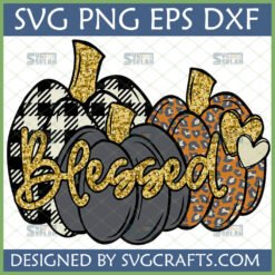 Fall Blessed Pumpkin SVG with buffalo plaid, dark gray, and leopard print pumpkins, golden glitter 'Blessed' text, and hearts.