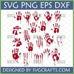 Collection of red bloody handprint SVG and blood splatter designs for Halloween crafts