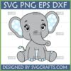 Cute baby elephant SVG digital file for Cricut, featuring blue polka dot ears and a whimsical design, ideal for nursery decor and baby shower gifts.