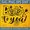 Cute Boo to You SVG design featuring friendly jack-o'-lanterns, bats, and a magic wand for Halloween crafts.