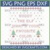 Buddy The Elf What's Your Favorite Color SVG in ugly Christmas sweater style with trees and snowflakes