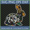 Happy Easter Bunny SVG design with colorful eggs, hearts, and flowers for Cricut crafting