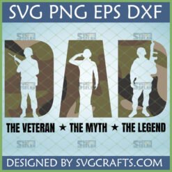 Veteran Dad SVG design with soldier silhouettes inside 'DAD' letters, featuring a camouflage background and the text 'THE VETERAN THE MYTH THE LEGEND' below.