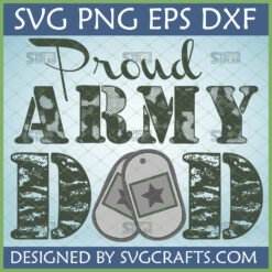 Proud Army Dad SVG design with camouflage text and dog tags for military fathers.