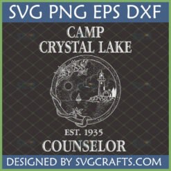 Vintage Camp Crystal Lake Counselor SVG design with lighthouse and sailboat, Est. 1935
