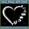 Camping Heart SVG design with various outdoor elements like campfire, mountains, tents, RV, pine trees, and flip-flops, all within a hand-drawn heart shape for Cricut and sublimation.