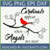 Red cardinal bird on a branch with text "Cardinals appear when Angels are near" SVG design for memorial gifts.