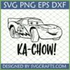 Lightning McQueen Ka-Chow! SVG, a black outline of the Disney Cars character with number 95 and the phrase 'KA-CHOW!'