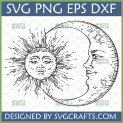 Detailed Celestial Sun Moon SVG design with mystical, bohemian style faces, perfect for Cricut crafts and sublimation printing.