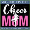 Cheer Mom SVG design with integrated cheerleader silhouette and bold pink MOM text for Cricut and sublimation projects