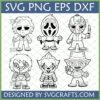 Chibi Horror Movie Characters SVG Bundle featuring Michael Myers, Ghostface, Jason Voorhees, Chucky, Pennywise, and Freddy Krueger for Halloween crafts