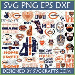 Diverse Chicago Bears SVG PNG DXF EPS Bundle for Cricut and Sublimation, featuring multiple fan art designs including sugar skulls, distressed football, and team logos.
