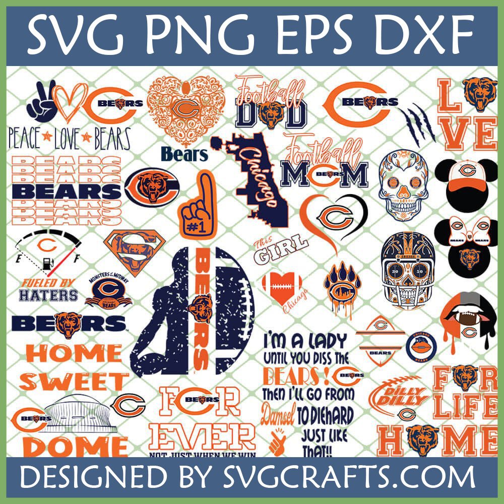 Diverse Chicago Bears SVG PNG DXF EPS Bundle for Cricut and Sublimation, featuring multiple fan art designs including sugar skulls, distressed football, and team logos.