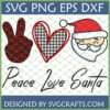 Peace Love Santa Christmas SVG design with plaid peace sign, houndstooth heart, and cartoon Santa face.