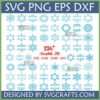 A grid display of over 234 diverse snowflake SVG designs in light blue, including intricate, simple, geometric, monogram, and split patterns, available in SVG PNG EPS DXF formats.