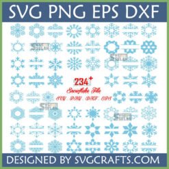 A grid display of over 234 diverse snowflake SVG designs in light blue, including intricate, simple, geometric, monogram, and split patterns, available in SVG PNG EPS DXF formats.