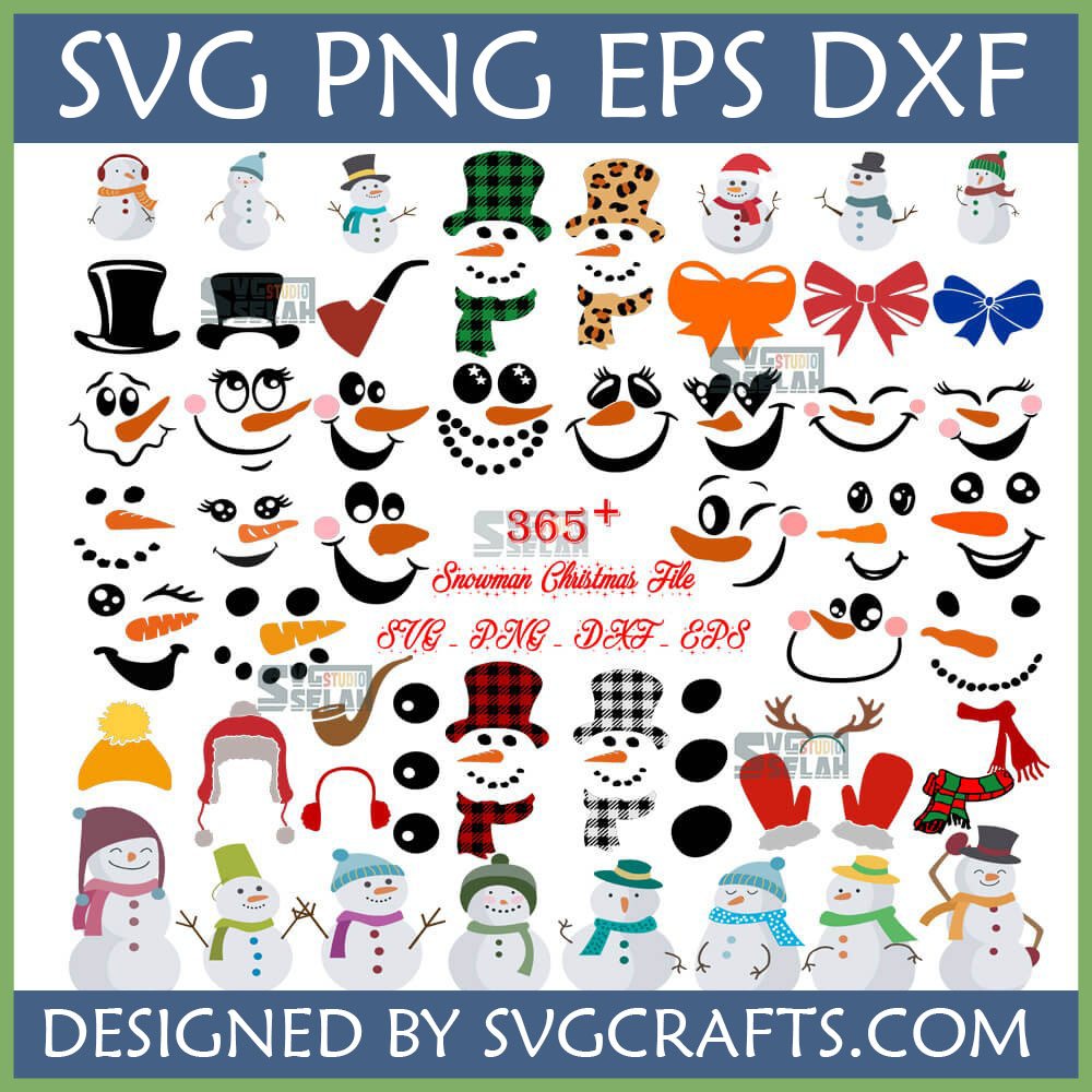 A large collection of customizable snowman face SVG designs and accessories for Christmas crafts, including plaid and leopard print hats.