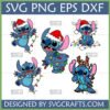 Six cute Stitch Christmas SVG designs featuring Stitch in Santa hats, tangled in colorful Christmas lights, and with reindeer antlers, perfect for holiday crafts.