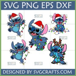 Six cute Stitch Christmas SVG designs featuring Stitch in Santa hats, tangled in colorful Christmas lights, and with reindeer antlers, perfect for holiday crafts.