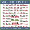 Large collection of Vintage Christmas Truck SVG Bundle designs with various vehicles carrying Christmas trees and holiday text in red and green