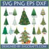 A collection of 18 diverse Christmas Tree SVG designs in green, red, and gold, including decorated, simple, and outline styles for holiday crafting.