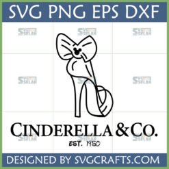 Cinderella & Co SVG digital file featuring an elegant high heel with a subtle Mickey Mouse bow, and "Est. 1950" text, optimized for Cricut and sublimation.