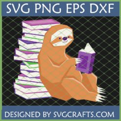 Whimsical geometric sloth reading a book with a stack of colorful books beside it, in SVG PNG EPS DXF formats from SVGCrafts.