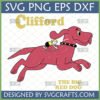 Clifford The Big Red Dog SVG PNG DXF EPS with Emily Elizabeth riding on his back, in a classic cartoon style with a distressed texture.