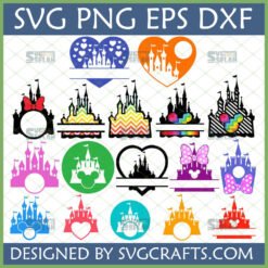 Magical Castle SVG Bundle with Mickey Mouse ears and Minnie Mouse bows, various fairytale castle silhouettes for Cricut and Silhouette cutting machines.