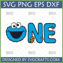 Cookie Monster ONE First Birthday SVG PNG DXF EPS digital file for Cricut and Silhouette, featuring Cookie Monster's face and the word ONE with cookies.