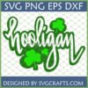 A green script font design reading 'Shookigan' with three shamrocks, framed by 'SVG PNG EPS DXF' text, ideal for a Shookigan St Patrick's Day SVG.