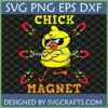 Funny Chick Magnet SVG design featuring a cool cartoon chick with sunglasses and four red horseshoe magnets.
