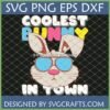 Coolest Bunny SVG design with a rabbit wearing blue sunglasses and retro text, perfect for Easter T-shirts and Cricut projects.