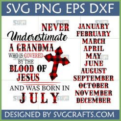 Christian Grandma July Birthday SVG with a red and black buffalo plaid cross design and empowering faith message.