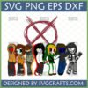 Creepypasta Chibi Characters SVG Bundle with Slender Man symbol, featuring Hoodie, Clockwork, Masky, Jeff the Killer, BEN Drowned, Eyeless Jack, and Laughing Jack.