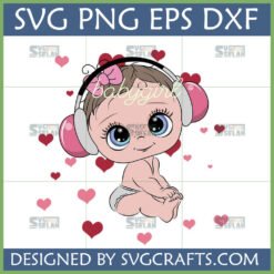 Cute baby girl wearing pink headphones and bow, surrounded by pink hearts, in SVG PNG DXF formats for crafting.