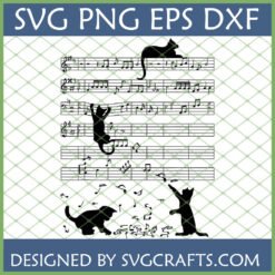 Whimsical Cat Music SVG featuring playful black cat silhouettes on sheet music with musical notes, perfect for Cricut crafting.