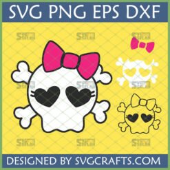 Girly Skull SVG with Pink Bow and Heart Eyes for Cricut and Crafting