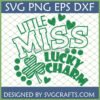 Little Miss Lucky Charm SVG design for St. Patrick's Day, featuring a green shamrock and hearts, ideal for Cricut and sublimation projects.