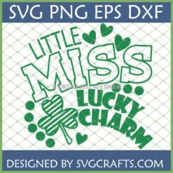 Little Miss Lucky Charm SVG design for St. Patrick's Day, featuring a green shamrock and hearts, ideal for Cricut and sublimation projects.