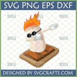 Funny S'mores Dab SVG design featuring a dabbing marshmallow with sunglasses and fire, standing on chocolate and graham cracker.