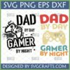 Two styles of 'Dad By Day Gamer By Night' SVG design with gaming controllers