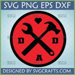 Handy Dad Tools SVG design with crossed wrench and hammer, a heart, and 'DAD' text in a red circle, perfect for Father's Day crafts.