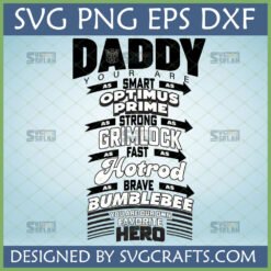 Autobot Dad Hero SVG design featuring Transformers characters Optimus Prime, Grimlock, Hotrod, and Bumblebee, perfect for Father's Day crafts.