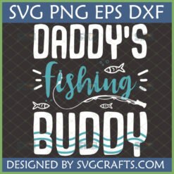 Daddy's Fishing Buddy SVG design for Father's Day with fishing rod, fish, and water waves
