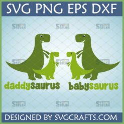 Two pairs of cartoon dinosaurs, one large dark green labeled 'daddysaurus' and one small light green labeled 'babysaurus,' set against a light blue background.